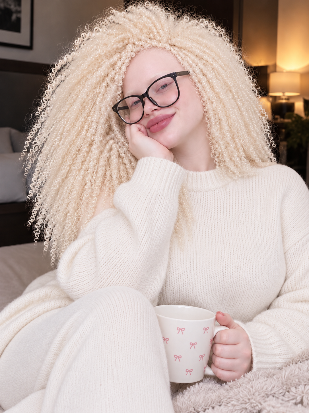 Ayla Blanc com óculos e suéter de tricô creme